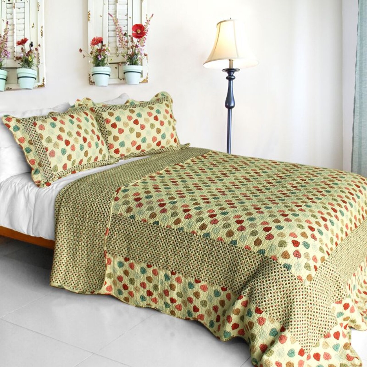3 Pieces Cotton Quilt Set Full/Queen Reversible, Vermicelli Quilted, Multiple Patchwork Styles